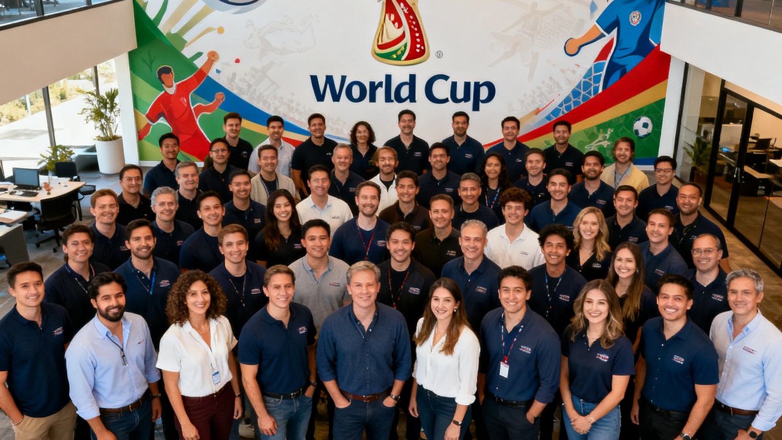 WorldCup Live团队在洛杉矶总部合影，背景是世界杯主题墙，员工45人